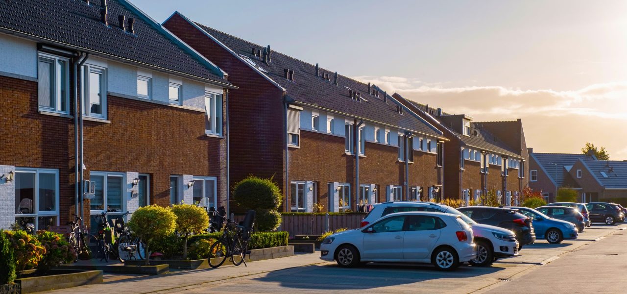Dutch Suburban area with modern family houses, newly build modern family homes in the Netherlands, dutch family house in the Netherlands, row of newly build houses in the Netherlands